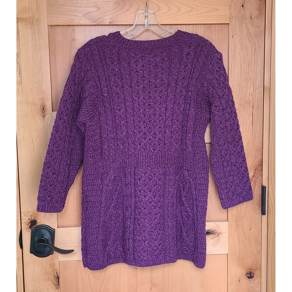Kilronan Ireland 100%‎ Merino Wool Purple XS Cardigan Cable Knit Aran Irish - Picture 3 of 10
